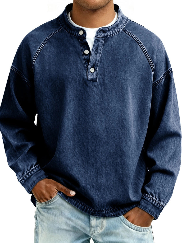 Herren nan verwaschenes Henley-Shirt mit Stehkragen, lockerer Passform und Knopfleiste Drune