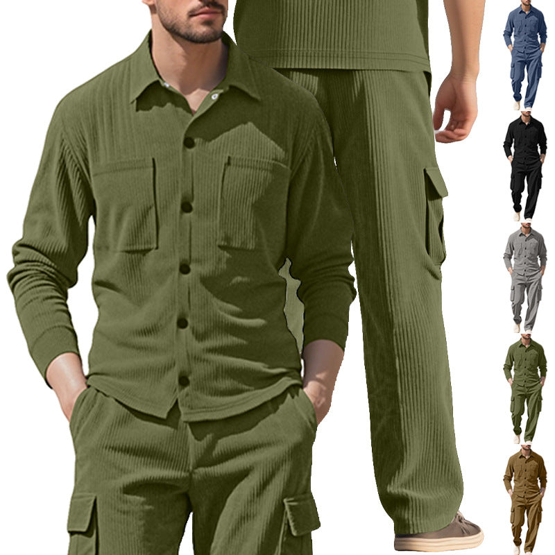 Herren nan geripptes Worker-Hemd mit Brusttaschen und entspannter Cargohose Drune