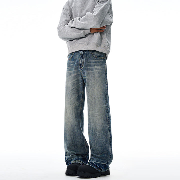 Herren Locker fallende Baggy-Jeans im Used-Look mit breitem geradem Bein und extralangem Saum Drune
