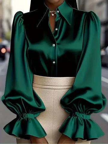Damen elegante Seidenbluse mit Puffärmeln und schicker Knopfleiste Drune