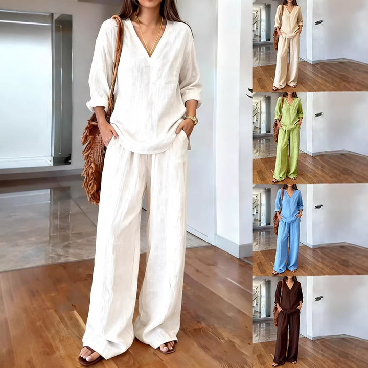 Damen Leichte Sommerhose mit weitem Schnitt und V-Ausschnitt Shirt Drune