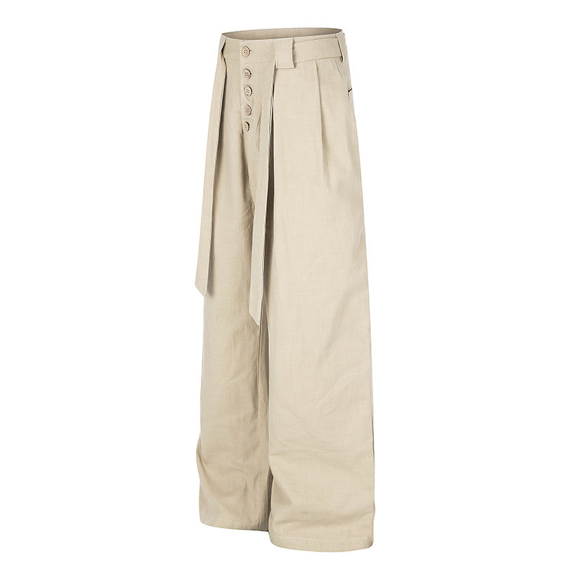 Damen Hochgeschnittene Leinen-Weitebein-Hose mit Knopfleiste, Bindegürtel und Bundfalten Drune