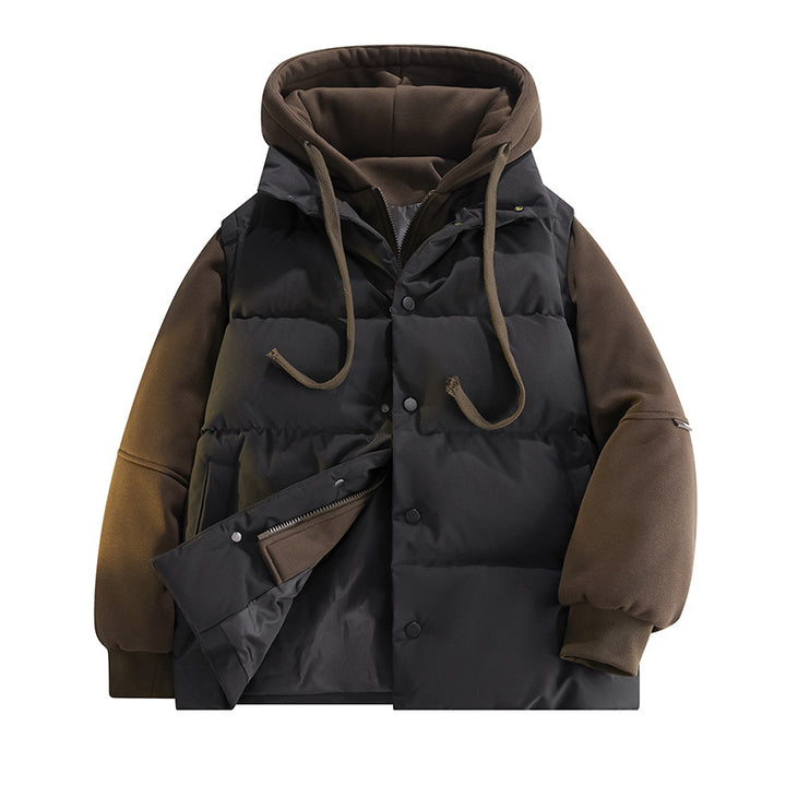 Herren Hybrid-Steppjacke mit Fleeceärmeln, Kapuze und verdecktem Druckknopfverschluss Drune