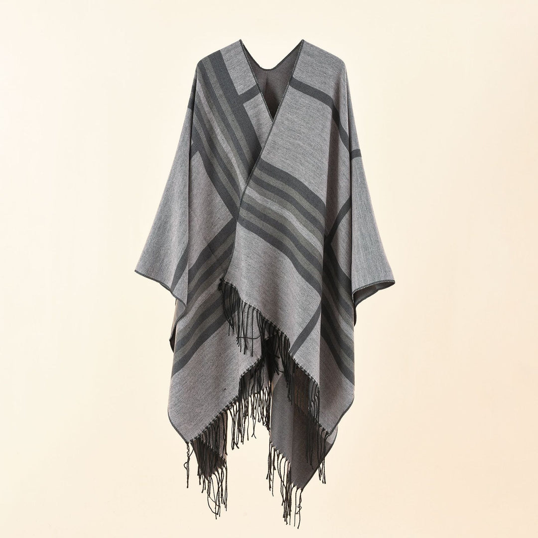 Damen Kastiger Ruana-Überwurf mit Fransen und diagonalem Streifenjacquard Drune
