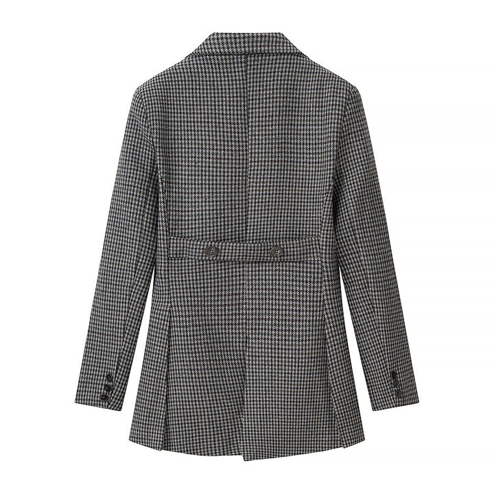 Damen Gehrock‑inspirierter Hahnentritt‑Blazer mit Cutaway‑Saum und doppelreihiger Knopfleiste Drune