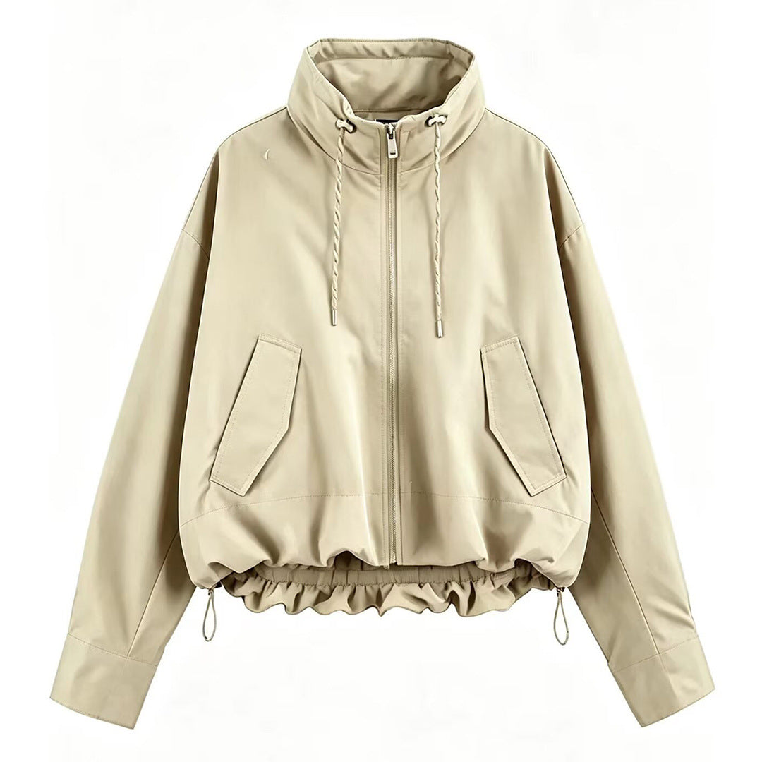 Damen Cropped Oversize Windbreaker mit hohem Funnelkragen, Kordelzug und gerafftem Elastikbund Drune