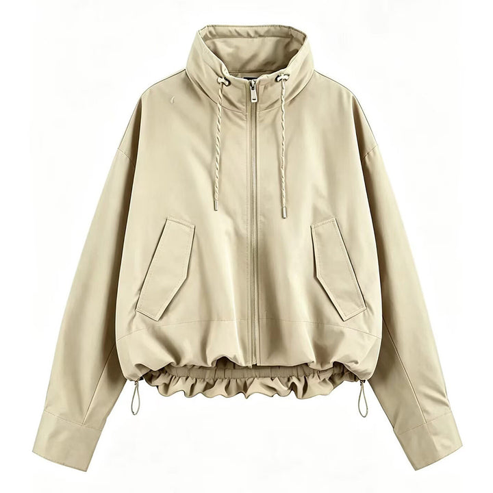 Damen Cropped Oversize Windbreaker mit hohem Funnelkragen, Kordelzug und gerafftem Elastikbund Drune
