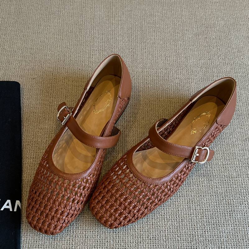 Damen geschlossene Ballerinas mit festem Riemen und geflochtenem Obermaterial Drune