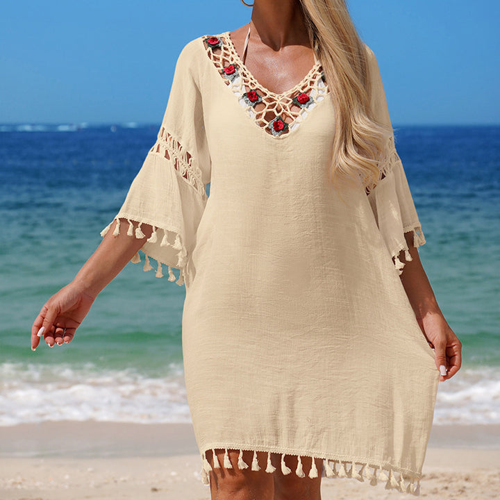 Damen Häkel-Strandkleid mit eleganter Stickerei und Fransen Drune