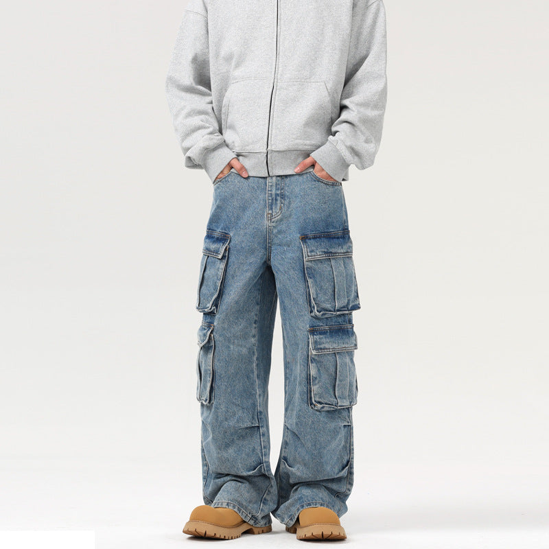 Herren Ultraweite Denim-Cargo-Jeans im Baggy-Cut mit mehrfachen Klappentaschen Drune