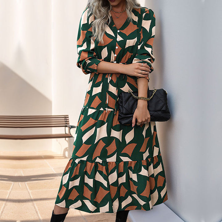Damen Langes Stufen-Maxikleid mit grafischem Print, V-Ausschnitt, Kordelbund und gerafften Manschetten Drune