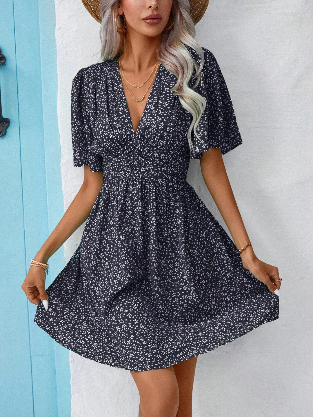 Damen Blütenmuster Kleid mit V-Ausschnitt und kurzen Ärmeln Drune