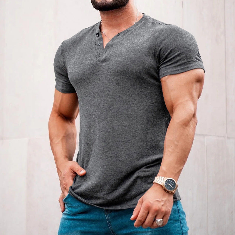 Herren nan muskelbetontes Kurzarmshirt mit Knopfleiste und V-Ausschnitt aus Baumwollstretch Drune
