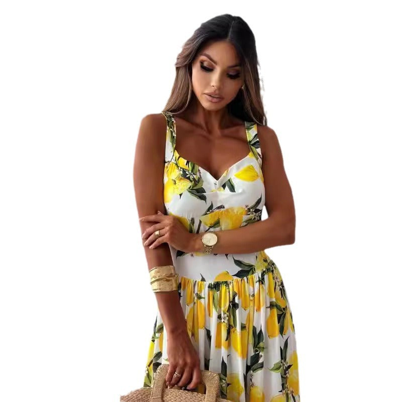 Damen Zitronenprint Hoch-Split Maxi-Kleid Drune