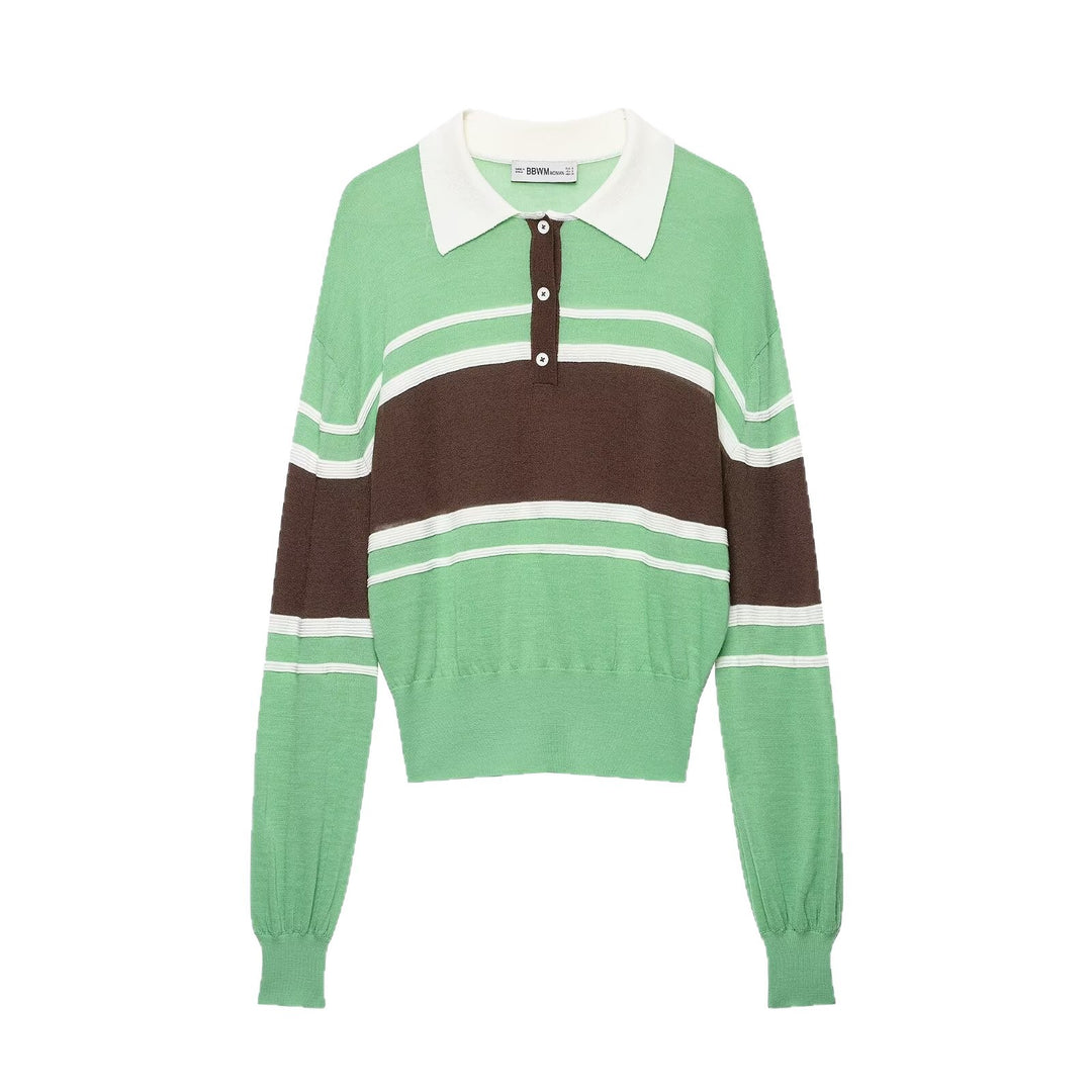 Damen Gestreifter Cropped‑Polo‑Pullover mit Knopfleiste und Rippbündchen Drune
