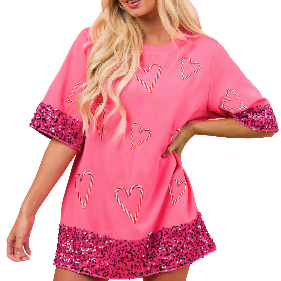 Damen Oversized T-Shirt mit Glitzer-Ärmeln und Herz-Muster Drune