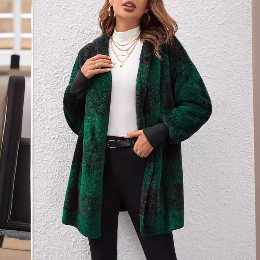 Damen nan karierter Teddy-Mantel mit großem Reverskragen und Rippbündchen Drune