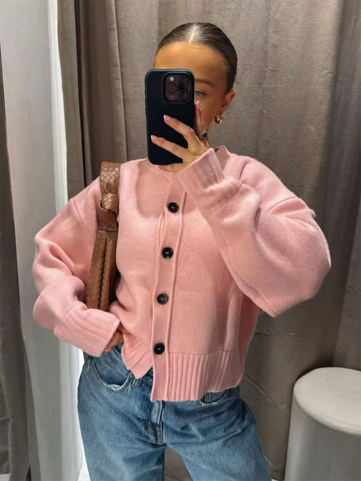 Damen Kurze Boxy-Strickjacke mit großer Knopfleiste, geripptem Saum & Volumenärmeln Drune