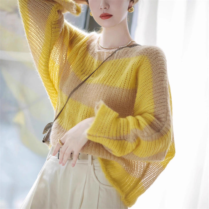 Damen lässiger grobstrick Pullover mit transparentem Muster Drune