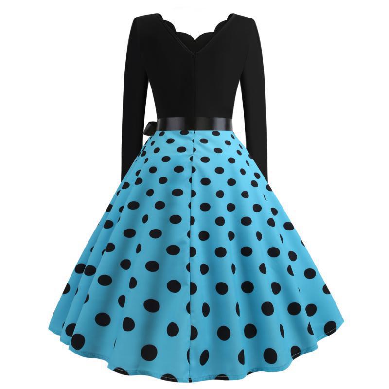 Damen Retro-Swingkleid mit welligem Ausschnitt, taillierter Satin-Schärpe und Tellerrock Drune