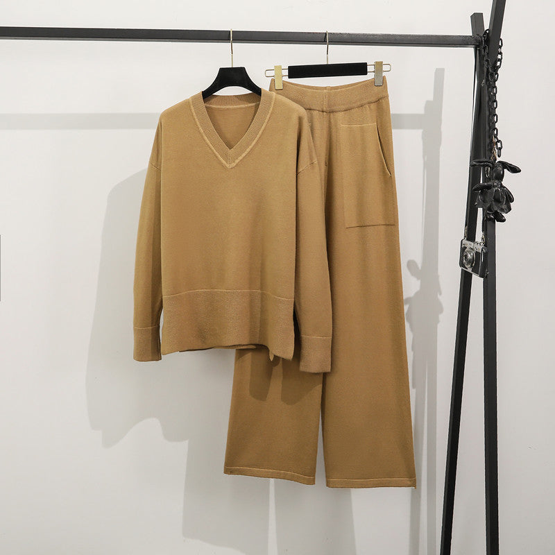 Damen lässiges Strick-Loungewear-Set mit tiefem V-Ausschnitt und praktischen Taschen Drune