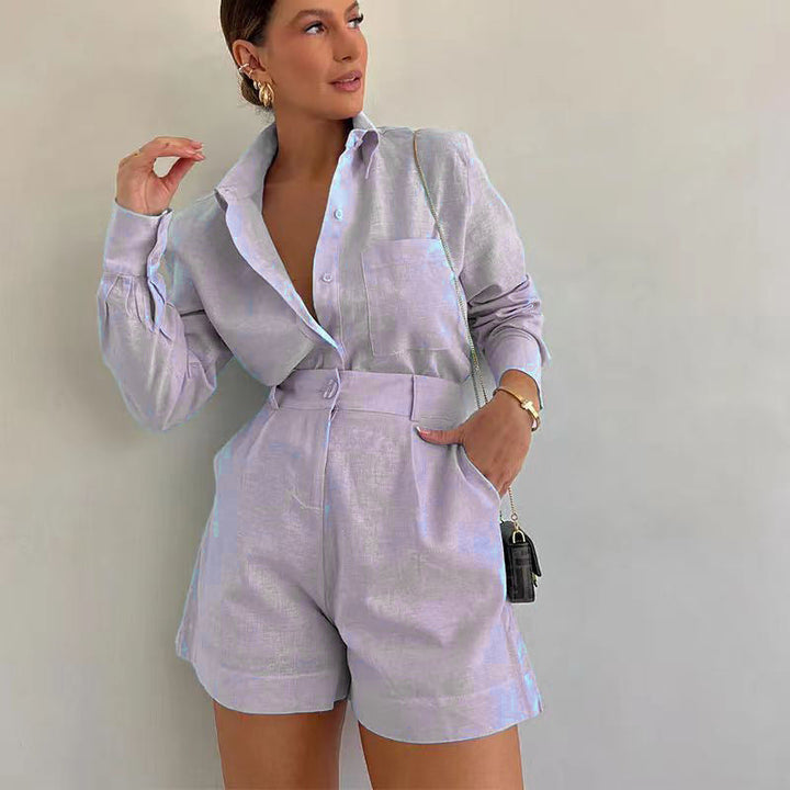 Damen Kurz-Overall mit eleganter Hemdblusen-Optik Drune