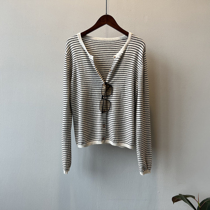 Damen Langarmshirt mit maritimem Streifenmuster und Knopfleiste Drune