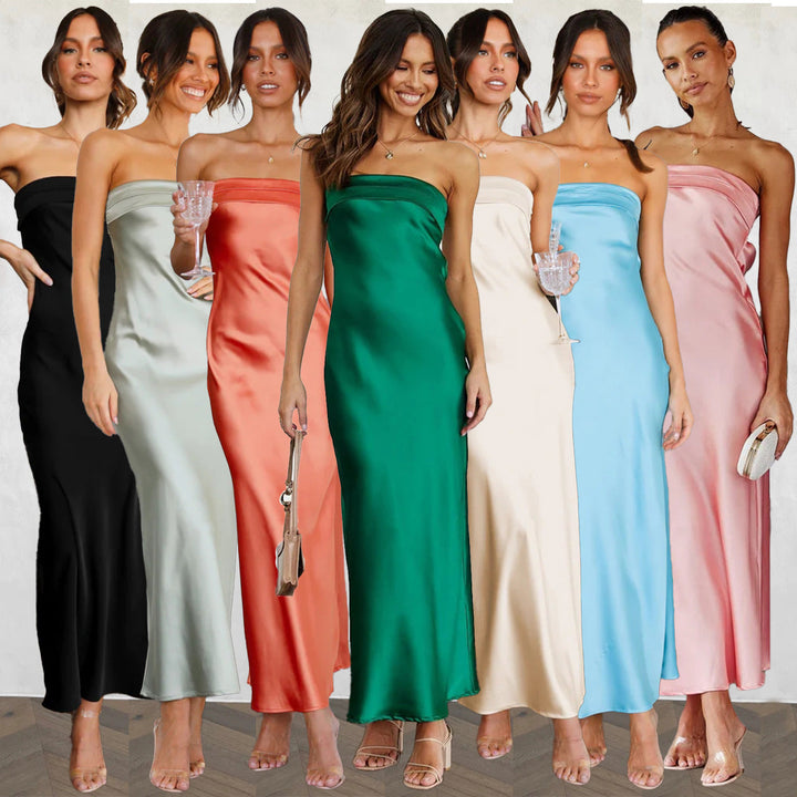 Drune | Frühling Sommer Elegante Socialite Satin Hohle Ausschnitt Rückenfrei Röhren Top Kleid Länge