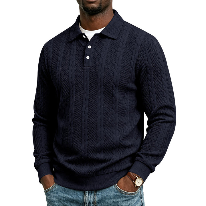 Herren Gestrickter Polokragenpullover mit Zopfmuster und feiner Knopfleiste Drune
