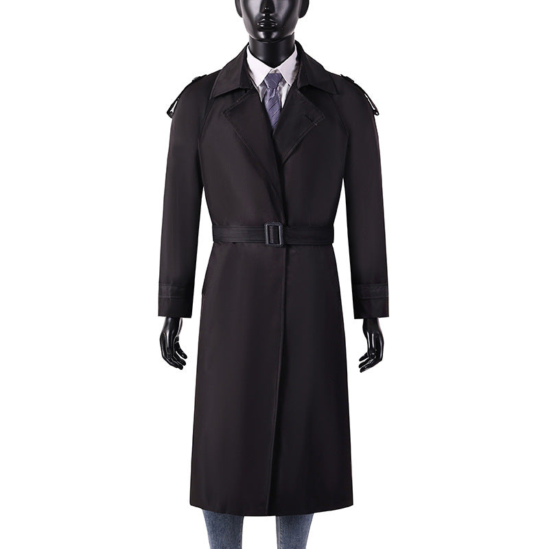 Herren eleganter knie- bis wadenlanger Trenchcoat mit verdeckter Knopfleiste und Schulterklappen Drune