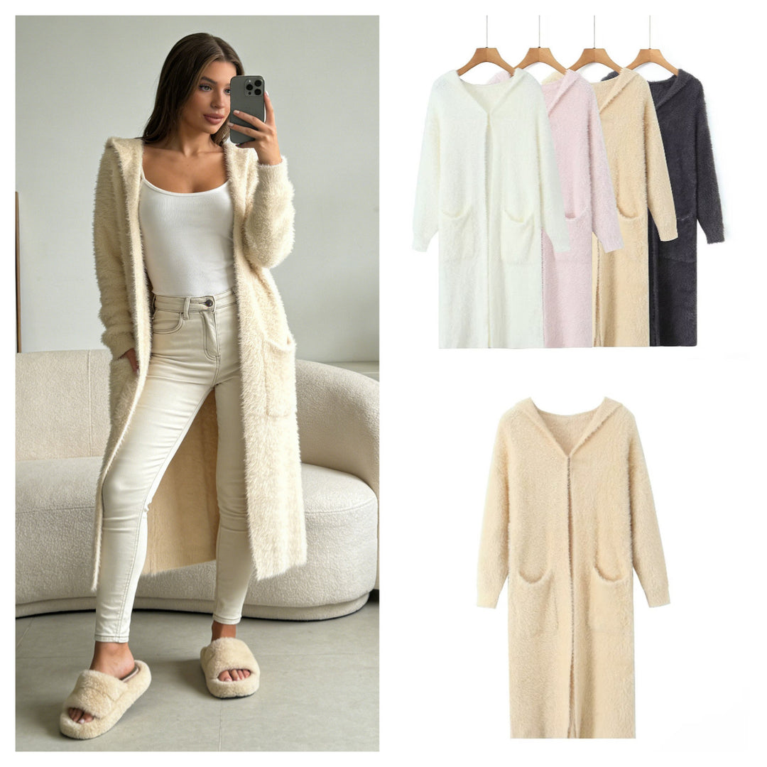 Damen Kuscheliger Langstrickmantel mit Kapuze und praktischen Taschen Drune