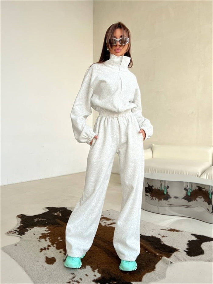Damen Relaxed-Loungewear-Set mit Halbzip-Stehkragen und hochtaillierter Weitbein-Jogginghose Drune
