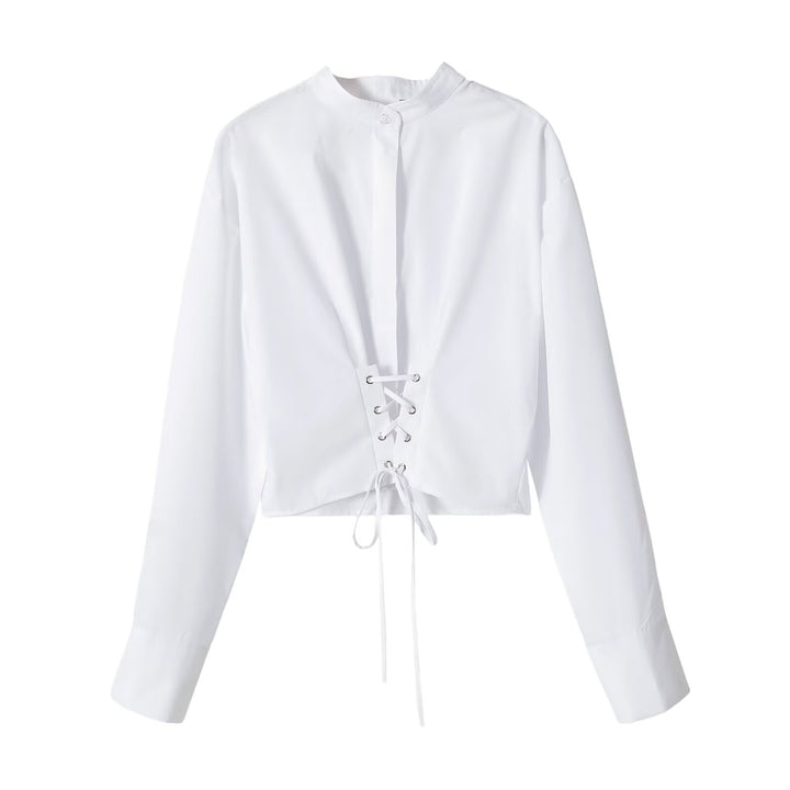 Damen Taillierte Kurzbluse mit vorderer Schnürung und Stehkragen Drune