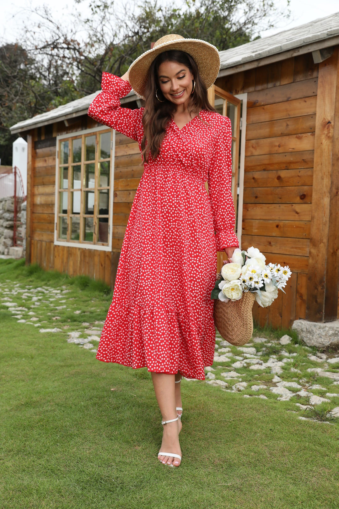 Damen Midikleid mit floralem Volant und elastischem Taillengürtel Drune