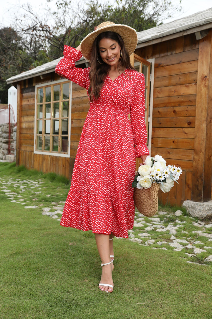 Damen Midikleid mit floralem Volant und elastischem Taillengürtel Drune