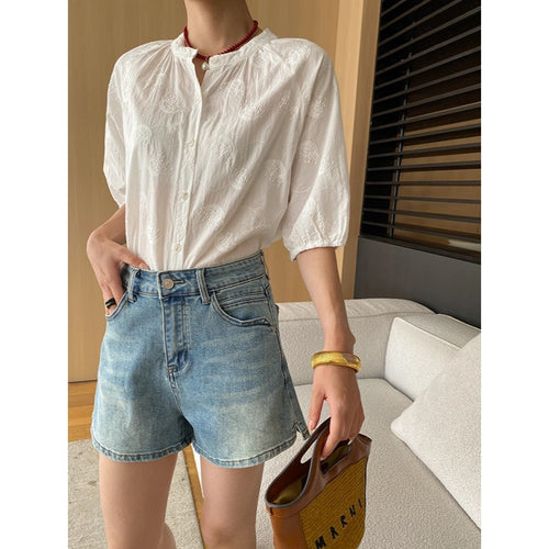 Damen lässige Denim-Shorts mit hohem Bund und weitem Bein Drune