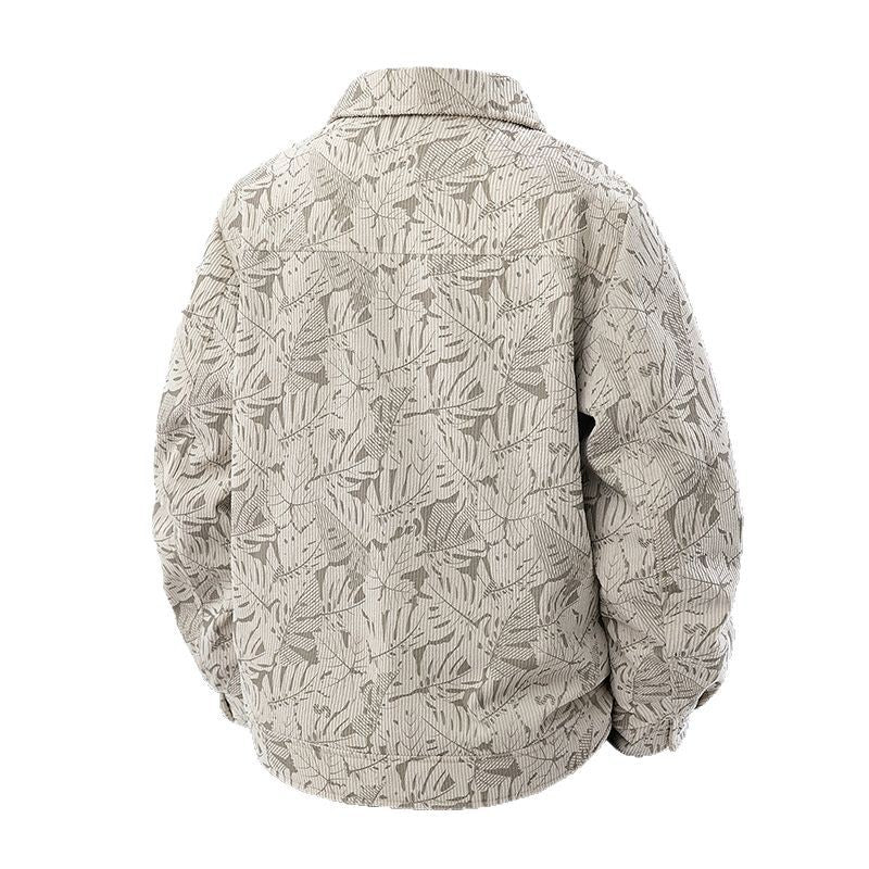 Herren Cord-Truckerjacke mit Jacquard-Blattmuster und Druckknopfleiste Drune