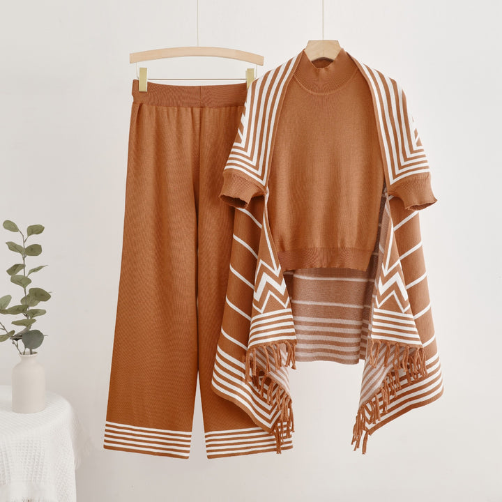 Damen elegantes Strick-Kombinationsset mit hochgeschlossenem Oberteil und weiten Hosen Drune
