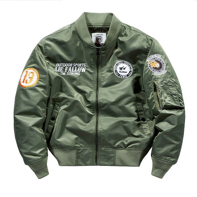 Herren Nylon Piloten-Bomberjacke mit Emblem‑Patches, Ärmel‑Utilitytasche und Rippbündchen Drune