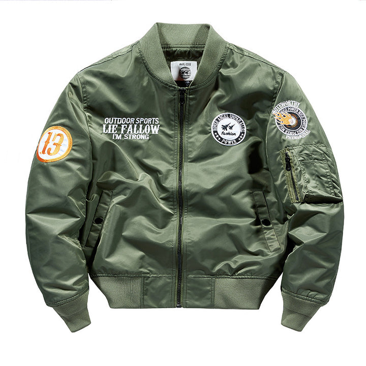 Herren Nylon Piloten-Bomberjacke mit Emblem‑Patches, Ärmel‑Utilitytasche und Rippbündchen Drune