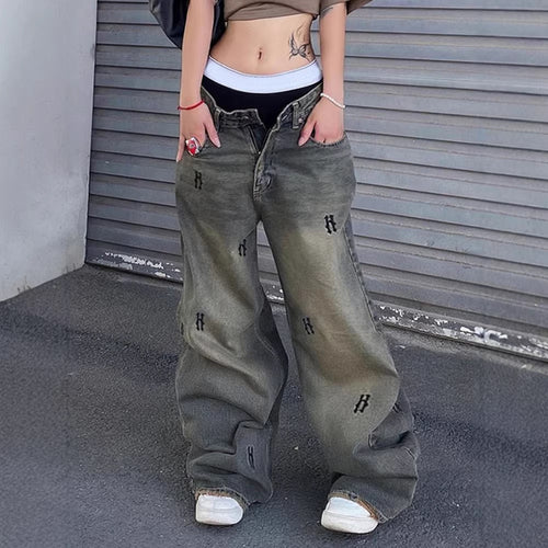 Damen High‑Waist Straight‑Leg Jeans mit dekorativen Mini‑Stickereien und Used‑Effekt Drune