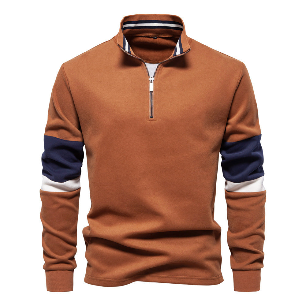 Herren nan Halbzip-Pullover mit Stehkragen, gestreiftem Krageninnenband und Kontrastärmeln Drune