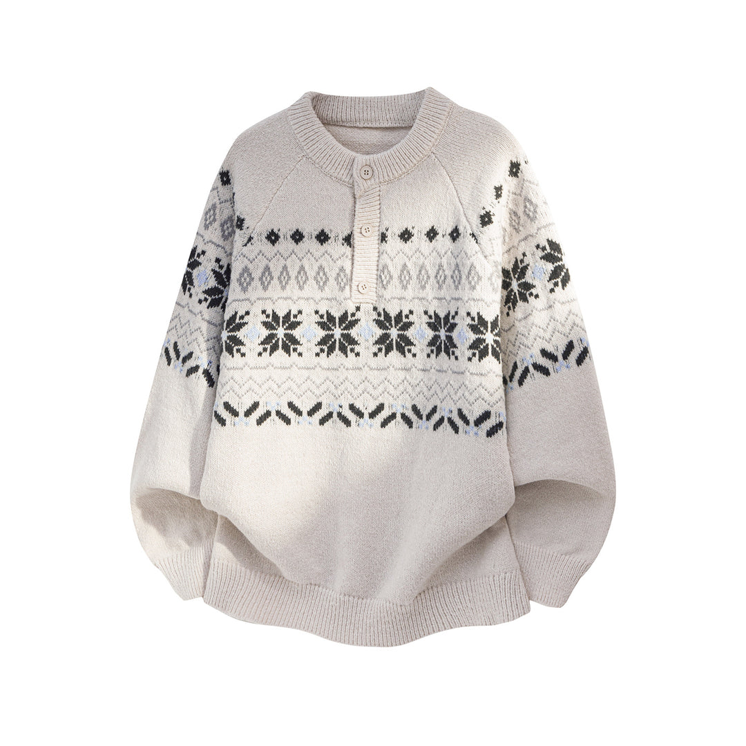 Damen Oversize Norweger-Strickpullover mit halber Knopfleiste und Raglanärmeln Drune