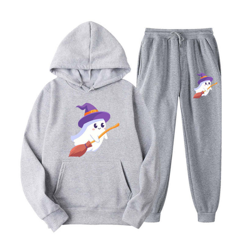 Unisex nan kuscheliger Kapuzenpullover und Jogginghose Set mit Halloween-Geistprint Drune