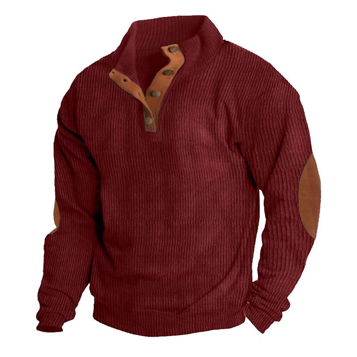 Herren Gerippter Henley-Pullover mit Stehkragen, Knopfleiste & Leder-Ellbogenpatches Drune