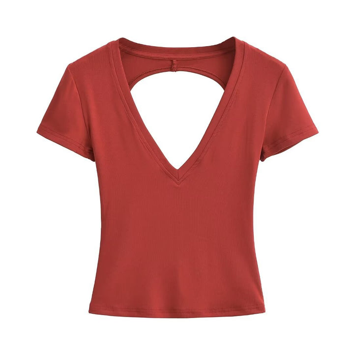 Damen modisches V-Ausschnitt T-Shirt mit offenem Rücken Drune