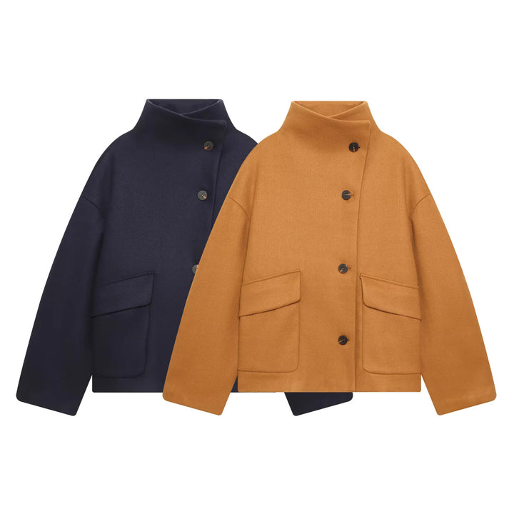 Damen nan kastige Oversize Wollmixjacke mit hohem Stehkragen und großen aufgesetzten Pattentaschen Drune