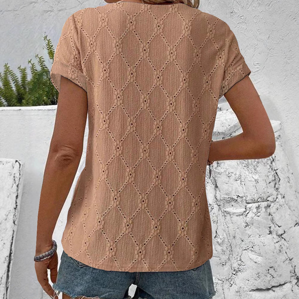Damen nan kurzärmlige Broderie-Bluse mit V-Ausschnitt und durchgehender Knopfleiste Drune