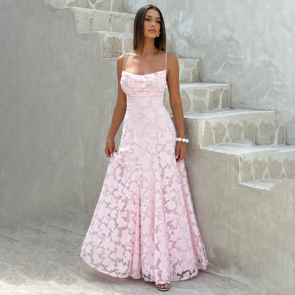 Damen Maxikleid mit floralem Spitzenmuster und schwingendem Rock Drune