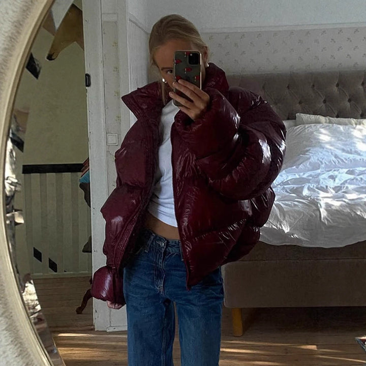 Damen Glänzende Oversize-Steppjacke mit Kapuze und hohem Stehkragen Drune